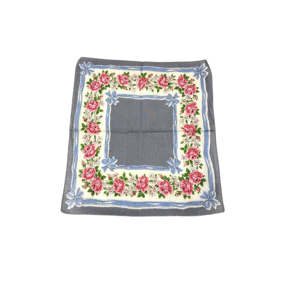 Dusty Blue Handkerchief with Pink Roses Vintage Bridal Accessory Something Old
